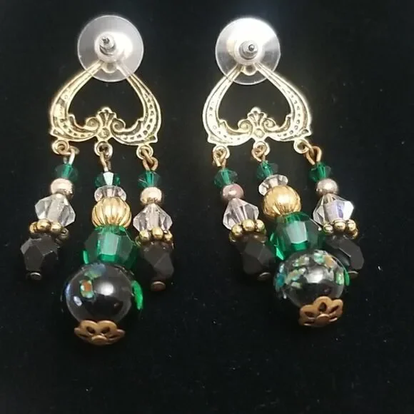 Chandelier Earrings Green 3 Rows Gold Post - Picture 7 of 11